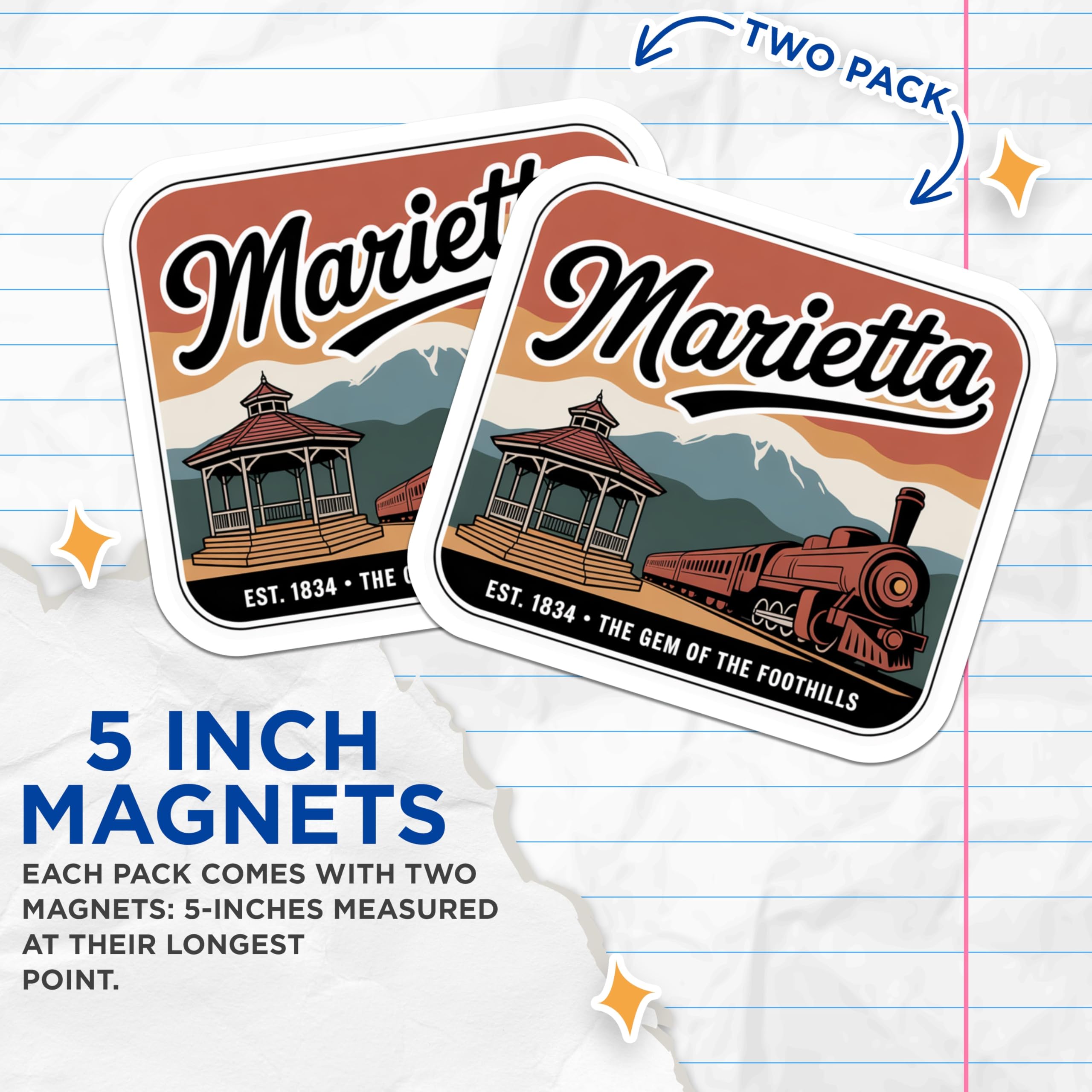 (2 Pack) Marietta Georgia Magnets - Hometown Pride Decor - Retro Travel Souvenir - 5" On Longest Side - Premium Magnet - for Cars, Refrigerators, Toolboxes, Lockers - Made in USA - MAG18998