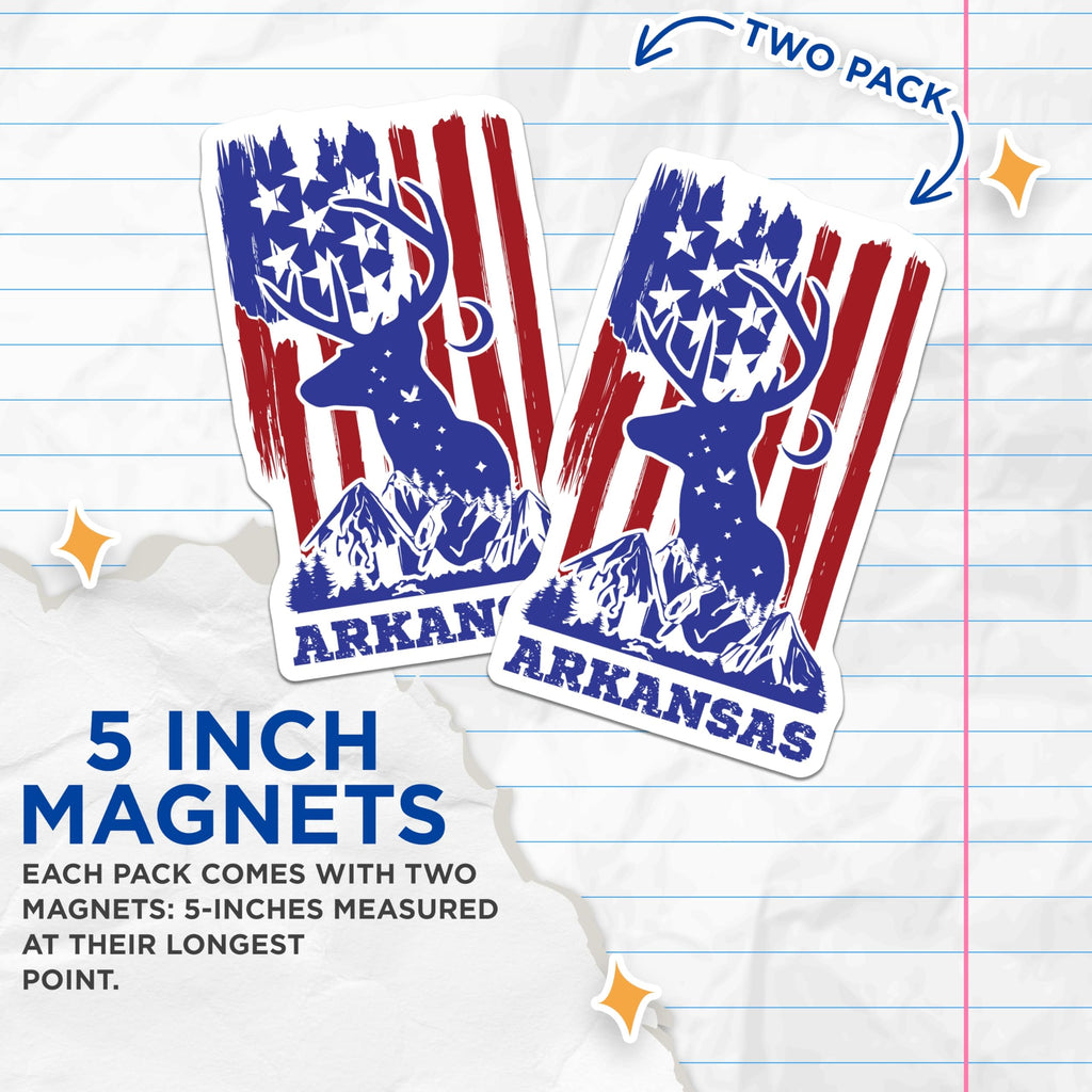 (2 Pack) Arkansas Deer Magnets - Patriotic American Flag Art - State Pride Souvenir - 5" On Longest Side - Premium Magnet - for Cars, Refrigerators, Toolboxes, Lockers - Made in USA - MAG18088