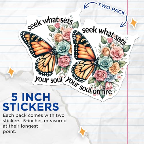 (2 Pack) Motivational Butterfly Rose Stickers - Inspirational Quote - Floral Decal for Laptop - 5" On Longest Side - Sticks to Smooth Flat Surfaces - Made in USA - BMCS9729