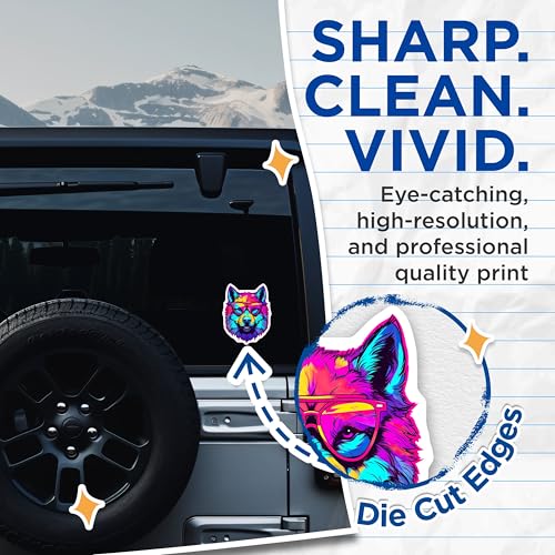(2 Pack) Colorful Wolf Stickers - Cool Animal Art - Vibrant Wolf Decal - Unique Graphic Sticker - 5" On Longest Side - Sticks to Smooth Flat Surfaces - Made in USA - BMCS7242