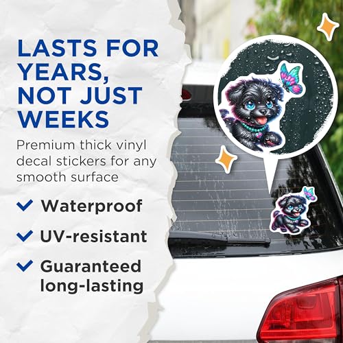 (2 Pack) Cute Puppy Stickers - Dog with Butterfly - Colorful Pet Stickers - 5" On Longest Side - Sticks to Smooth Flat Surfaces - Made in USA - BMCS9602