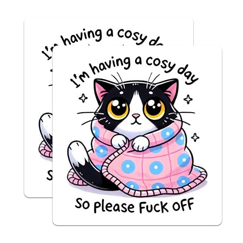 (2 Pack) Funny Cat Stickers - Cute Cat Meme - Cosy Day Humor Stickers - 5" On Longest Side - Sticks to Smooth Flat Surfaces - Made in USA - BMCS5734