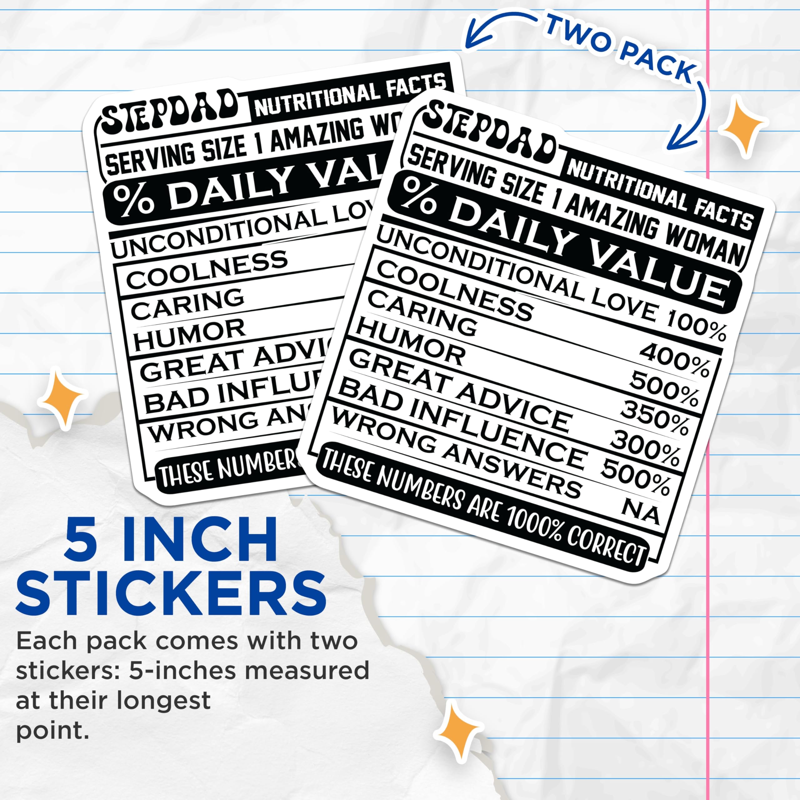 (2 Pack) Stepdad Nutritional Facts Stickers - Amazing Stepdad - Stepdad Humor - 5" On Longest Side - Sticks to Smooth Flat Surfaces - Made in USA - BMCS14693