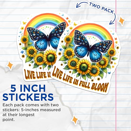 (2 Pack) Live Life in Full Bloom Stickers - Butterfly Sunflower Rainbow Stickers - Inspirational Quote Stickers - 5" On Longest Side - Sticks to Smooth Flat Surfaces - Made in USA - BMCS9745
