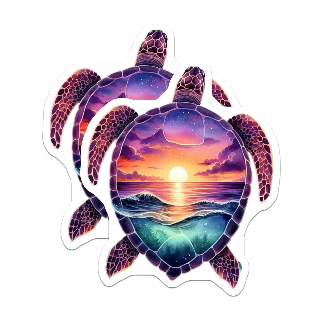 (2 Pack) Sea Turtle Magnets - Vibrant Ocean Sunset - Coastal Marine Life Decor - Mystical Beach Art - Celestial Turtle Shell - 5 Inches On Longest Side - Thick Durable Magnet - Made in USA - MAG22453
