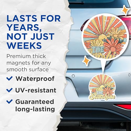 (2 Pack) Be The Sunshine Magnets - Inspirational Flower Magnets - Retro Sunshine Quote Magnets - 5" On Longest Side - for Cars, Refrigerators, Toolboxes, Lockers - Made in USA BMCS3326