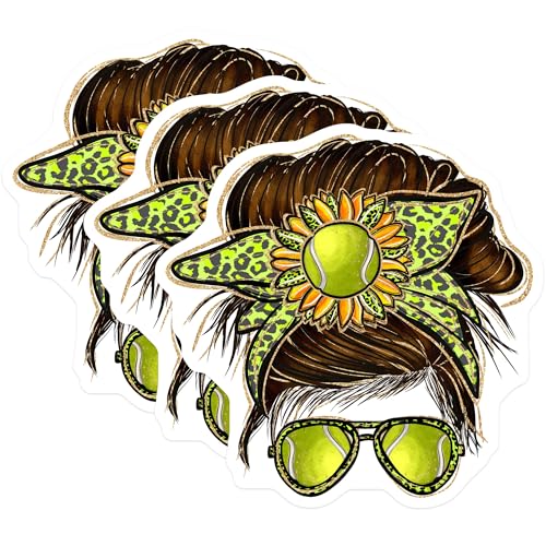 (3 Pack) Tennis Mom Decals - Messy Bun Stickers - Laptop Tennis Decal - 3 Inches On Longest Side - Easy Peel & Apply - Made in USA - 3MCS4965