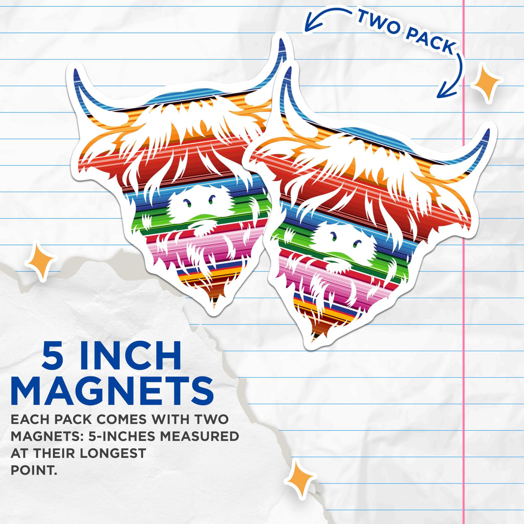 (2 Pack) Highland Cow Magnets - Serape Pattern Decor - Fridge Magnets - 5" On Longest Side - Premium Magnet - for Cars, Refrigerators, Toolboxes, Lockers - Made in USA - MAG18892