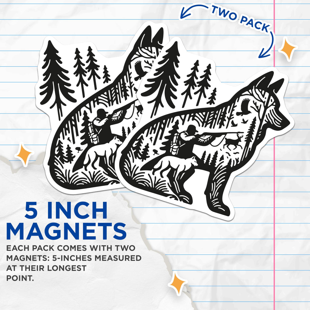(2 Pack) Wolf Hunter Magnets - Forest Hunting Scene - Wildlife Nature Decor - 5 Inches On Longest Side - Thick Durable Magnet - Made in USA - MAG21481
