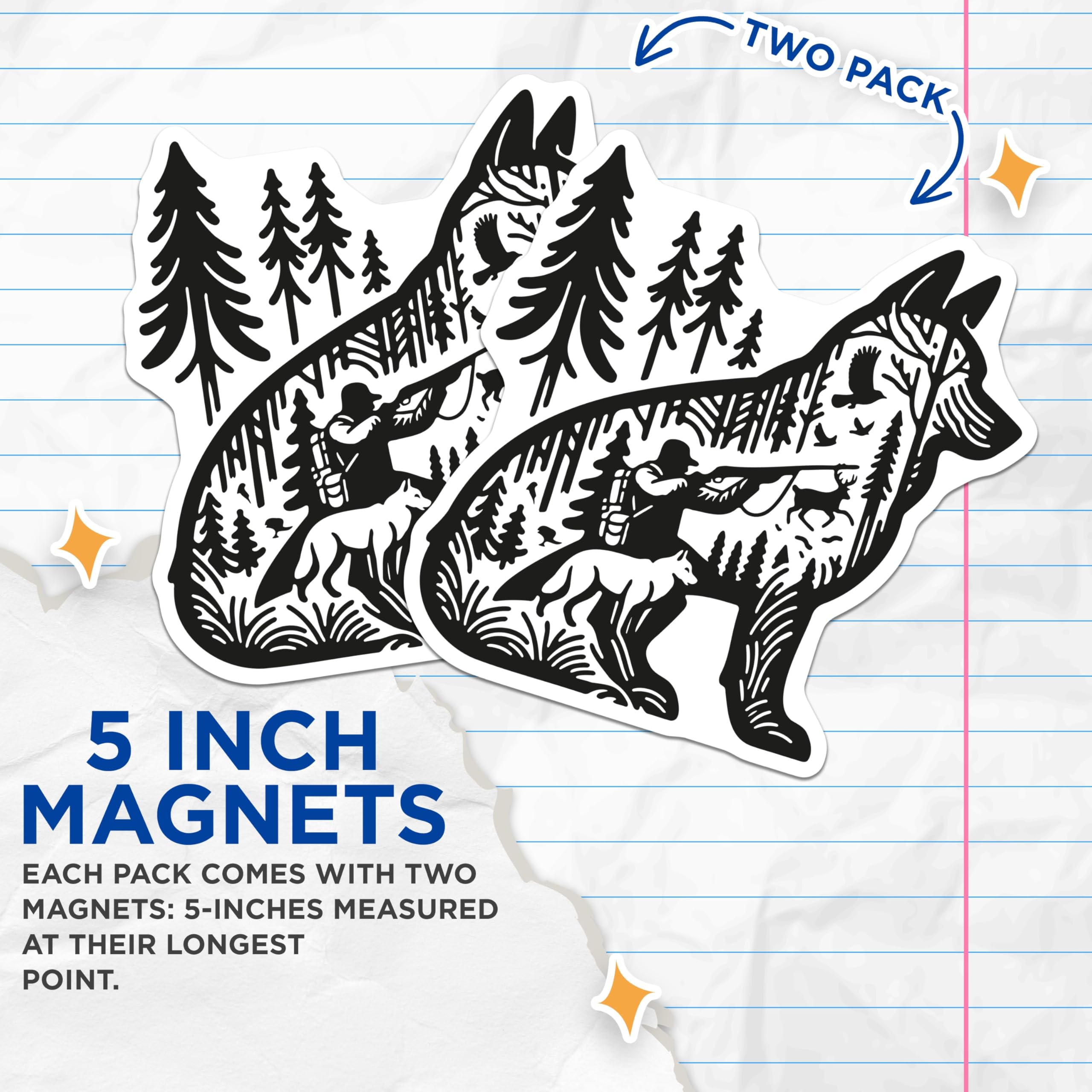 (2 Pack) Wolf Hunter Magnets - Forest Hunting Scene - Wildlife Nature Decor - 5 Inches On Longest Side - Thick Durable Magnet - Made in USA - MAG21481
