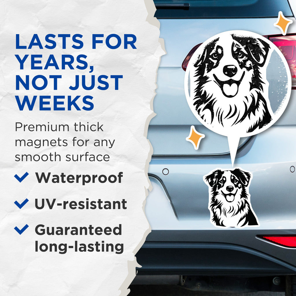 (2 Pack) Australian Shepherd Magnets - Happy Aussie Dog Decor - Pet Owner Refrigerator Locker Accent - 5 Inches On Longest Side - Thick Durable Magnet - Made in USA - MAG39481
