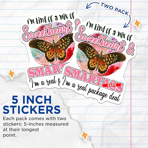 (2 Pack) Sweetheart and Smartass Stickers - Real Package Deal - Funny Butterfly Design - 5" On Longest Side - Sticks to Smooth Flat Surfaces - Made in USA - BMCS5708