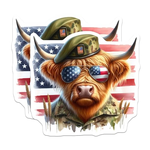 (2 Pack) Patriotic Highland Cow Stickers - American Flag - Military Pride - Funny Animal Stickers - 5" On Longest Side - Sticks to Smooth Flat Surfaces - Made in USA - BMCS6357