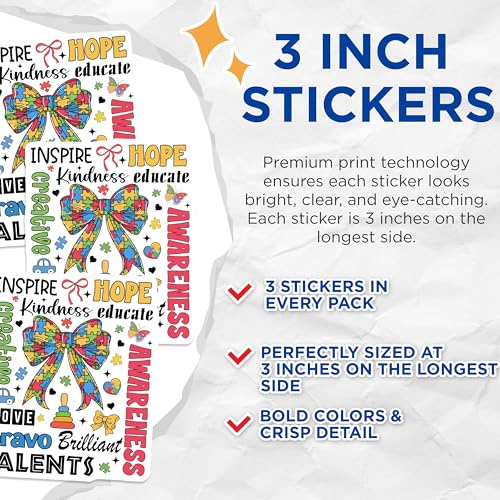 (3 Pack) Autism Awareness Decals - Inspire Hope Educate - Puzzle Piece Bow Decals - 3 Inches On Longest Side - Easy Peel & Apply - Made in USA - 3MCS8340