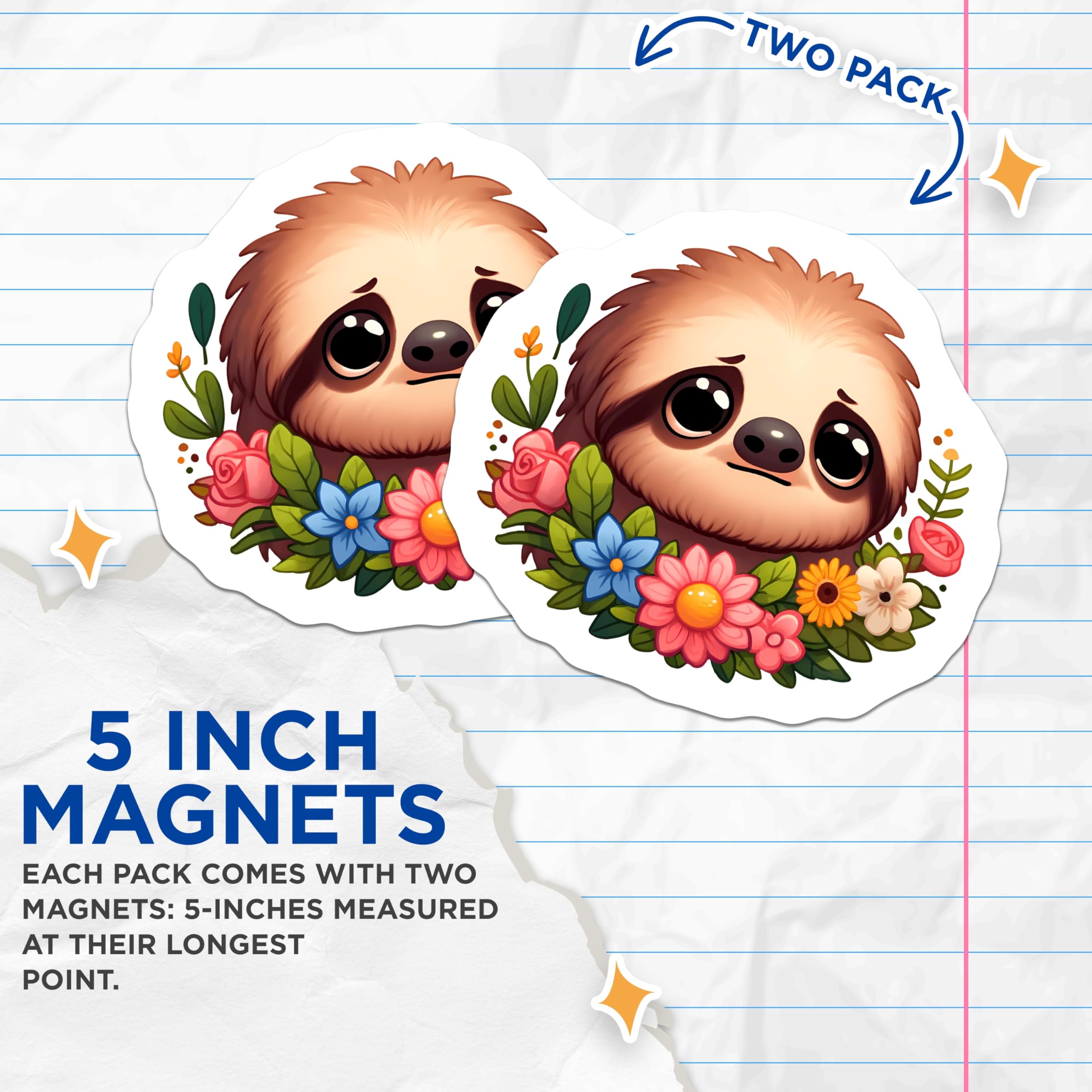 (2 Pack) Cute Sloth Magnets - Floral Animal Decor - Kawaii Fridge Accessory - 5 Inches On Longest Side - Thick Durable Magnet - Made in USA - MAG23095
