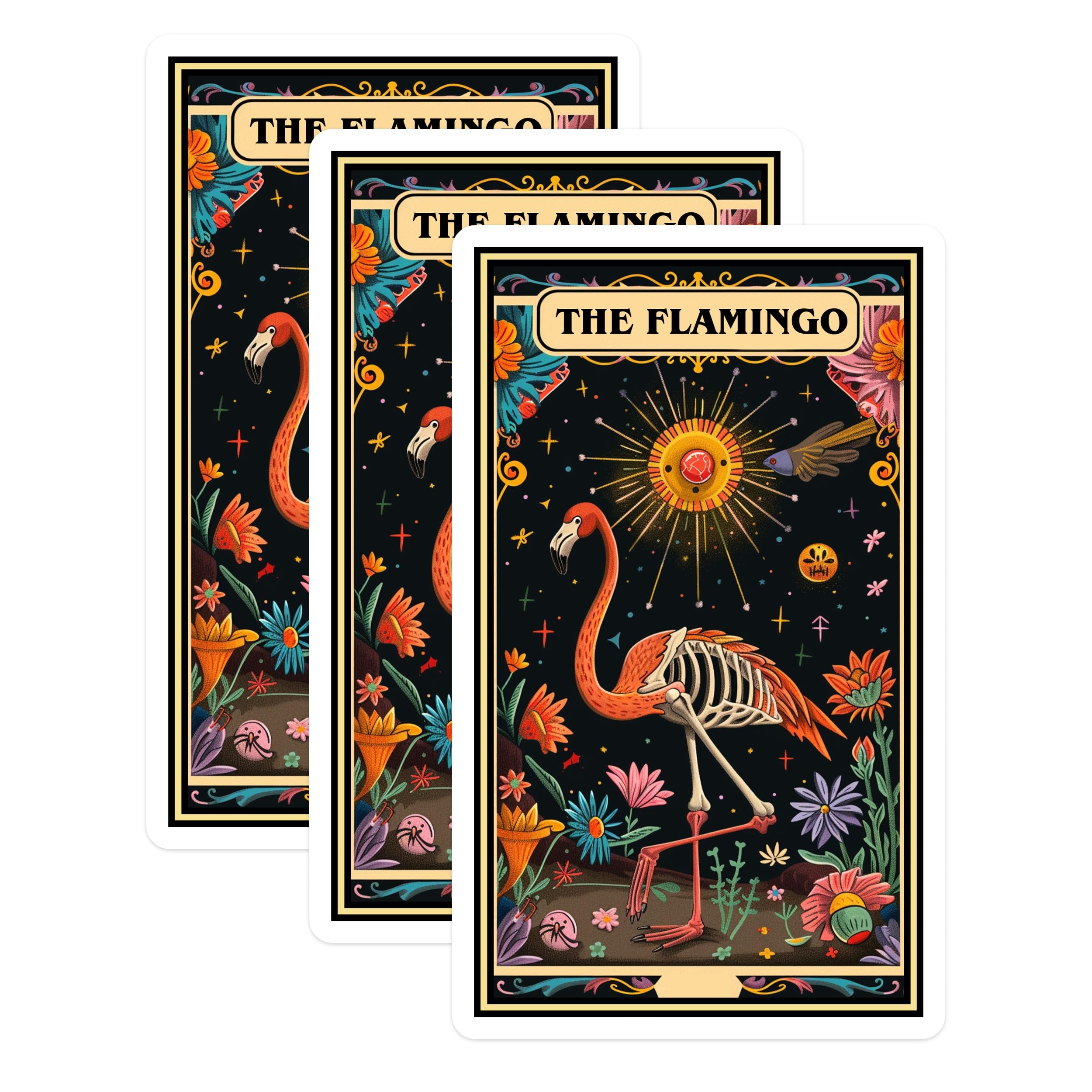 (3 Pack) Flamingo Decals - Tarot Card - Floral Skeleton - Laptop Decals - 3 Inches On Longest Side - Easy Peel & Apply - Made in USA - 3MCS2448