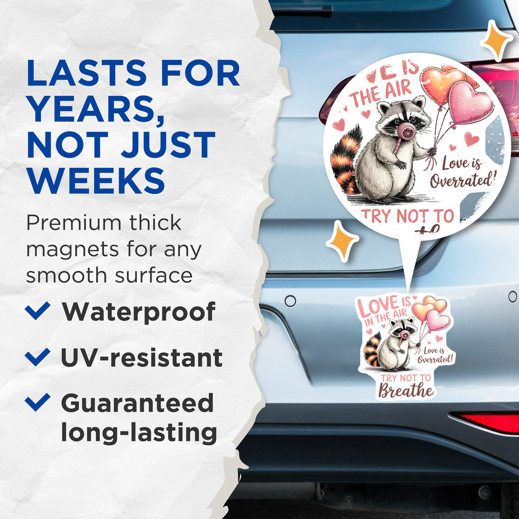 (2 Pack) Funny Raccoon Magnets - Anti Love Quote - Sarcastic Animal Fridge Decor - Quirky Humor Locker Gift - 5 Inches On Longest Side - Thick Durable Magnet - Made in USA - MAG36163