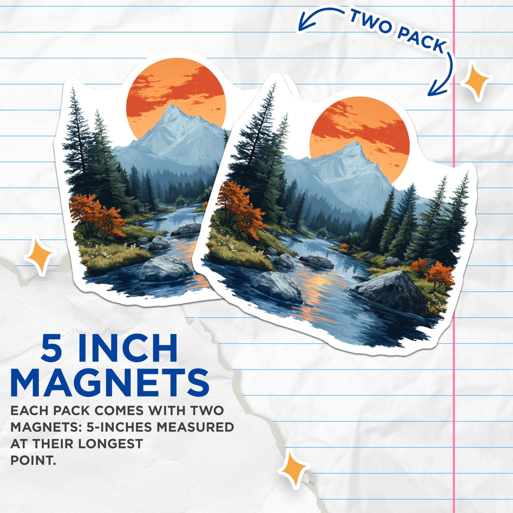 (2 Pack) Mountain Landscape Magnets - Scenic River Forest - Outdoorsy Cabin Decor - 5 Inches On Longest Side - Thick Durable Magnet - Made in USA - MAG26403