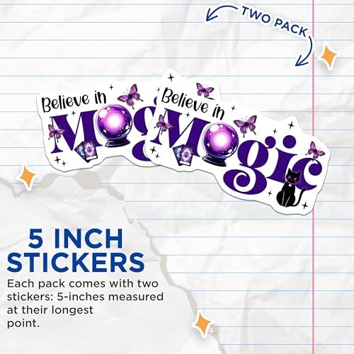 (2 Pack) Believe in Magic Stickers - Fantasy Cat - Inspirational Crystal - 5" On Longest Side - Sticks to Smooth Flat Surfaces - Made in USA - BMCS8071