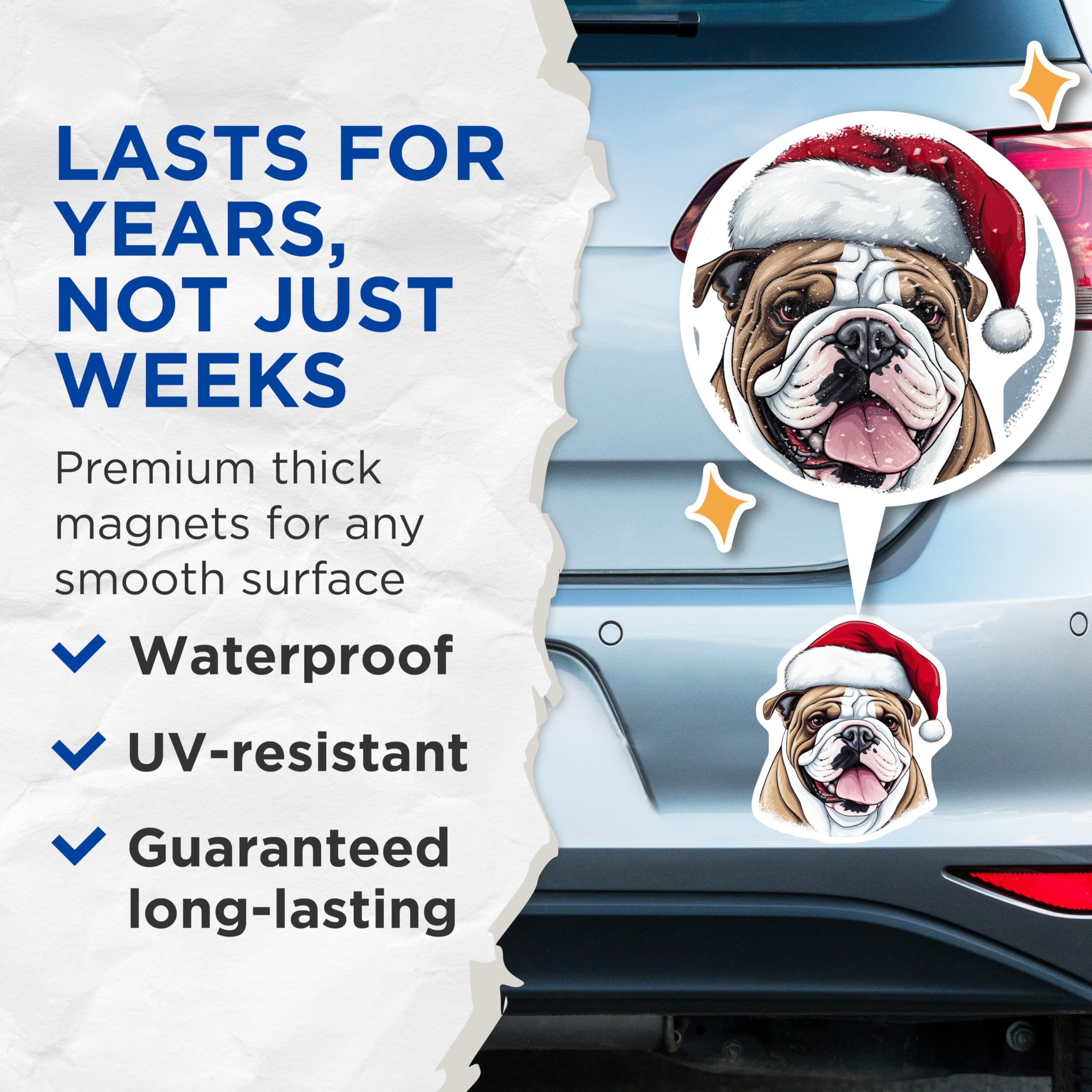 (2 Pack) Bulldog Santa Hat Magnets - Christmas Dog Decor - Holiday Animal Lover - 5 Inches On Longest Side - Thick Durable Magnet - Made in USA - MAG24666