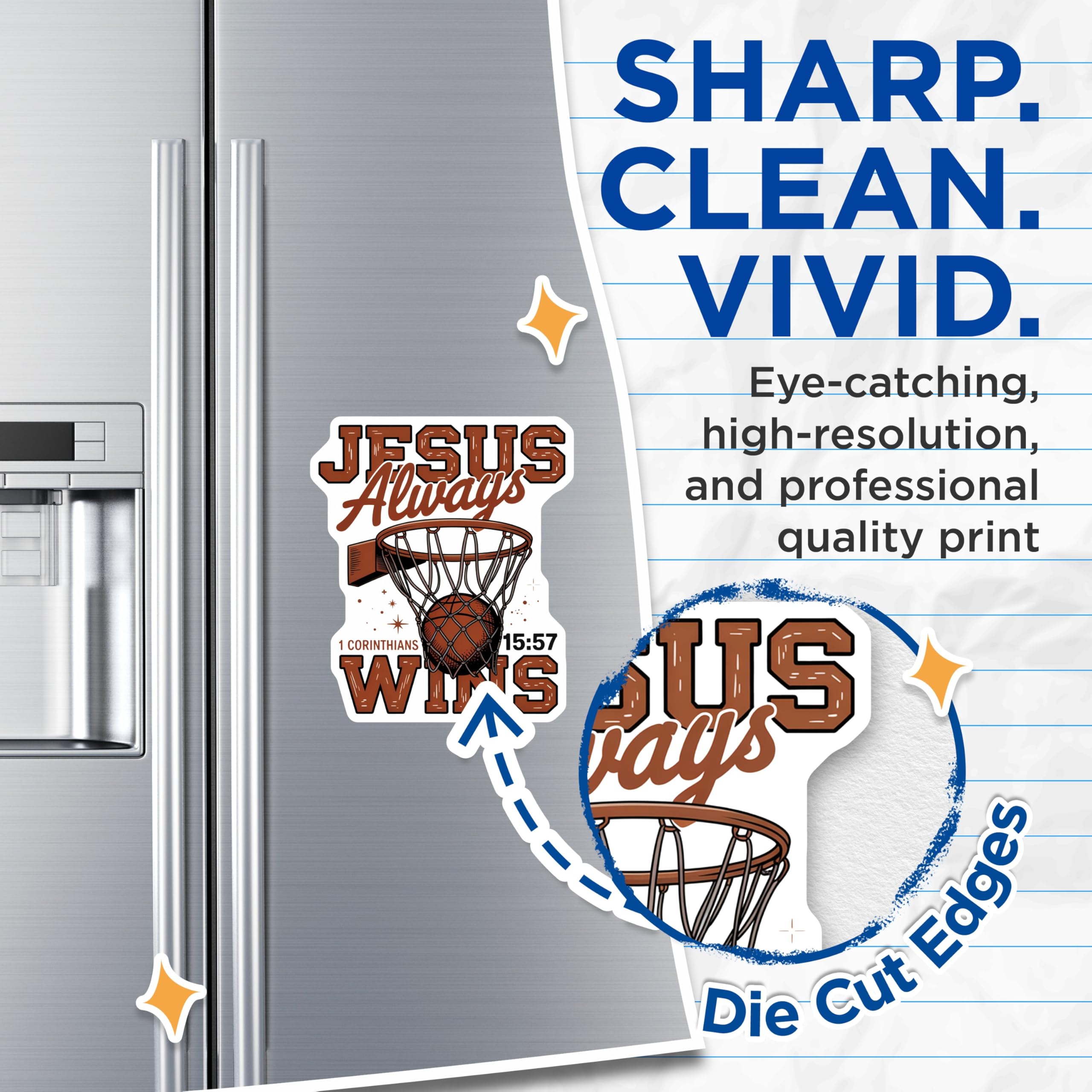 (2 Pack) Jesus Always Wins Magnets - 1 Corinthians 15:57 Basketball - Christian Sports Faith Decor - Religious Athlete Art - 5 Inches On Longest Side - Thick Durable Magnet - Made in USA - MAG24072