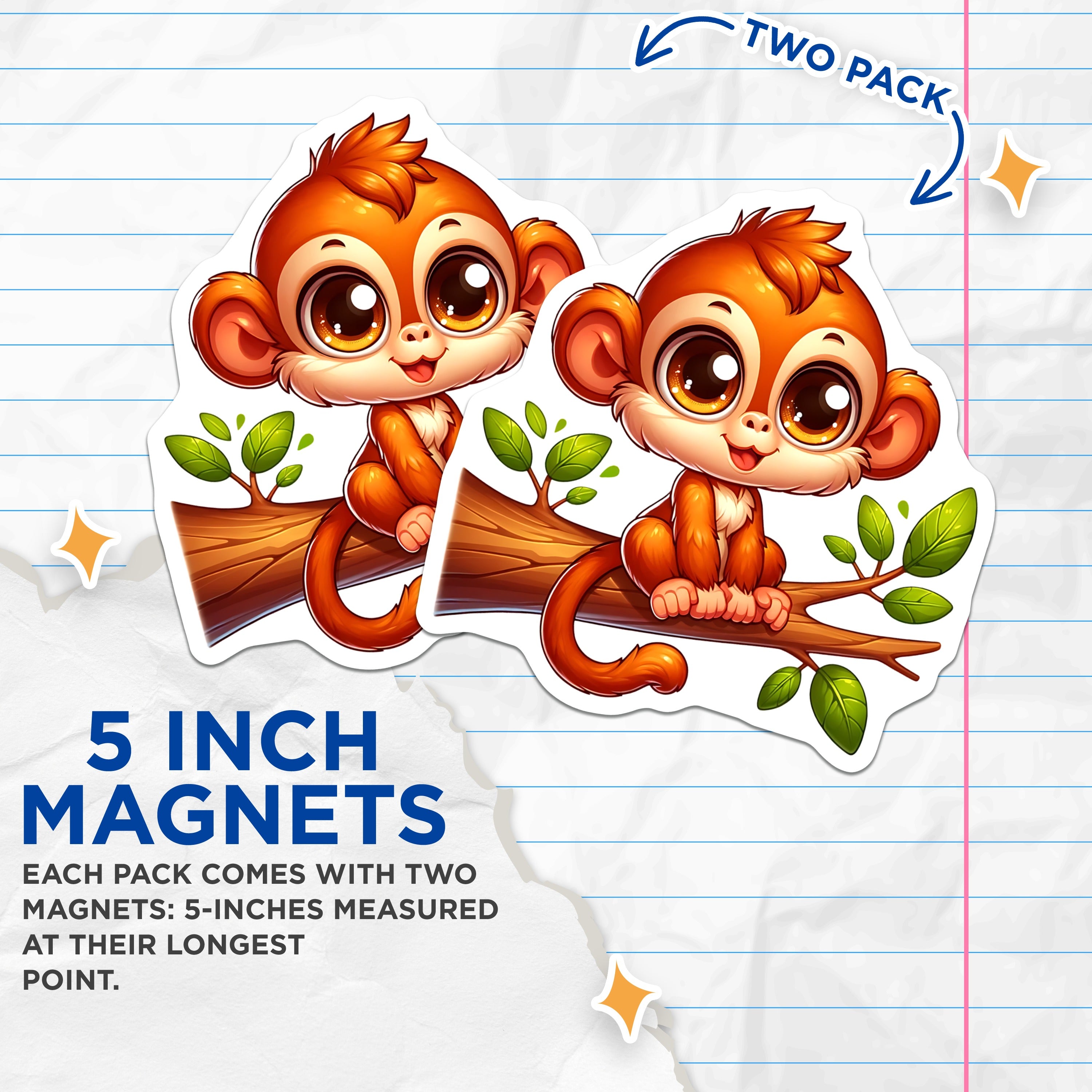 (2 Pack) Cute Baby Monkey Magnets - Kawaii Jungle Animal - Nursery Decor Refrigerator Art - 5 Inches On Longest Side - Thick Durable Magnet - Made in USA - MAG39191