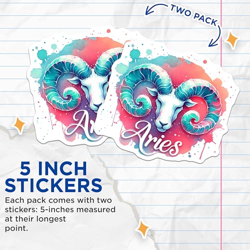 (2 Pack) Aries Zodiac Stickers - Astrology Decals - Horoscope Sign Art - 5" On Longest Side - Sticks to Smooth Flat Surfaces - Made in USA - BMCS6493