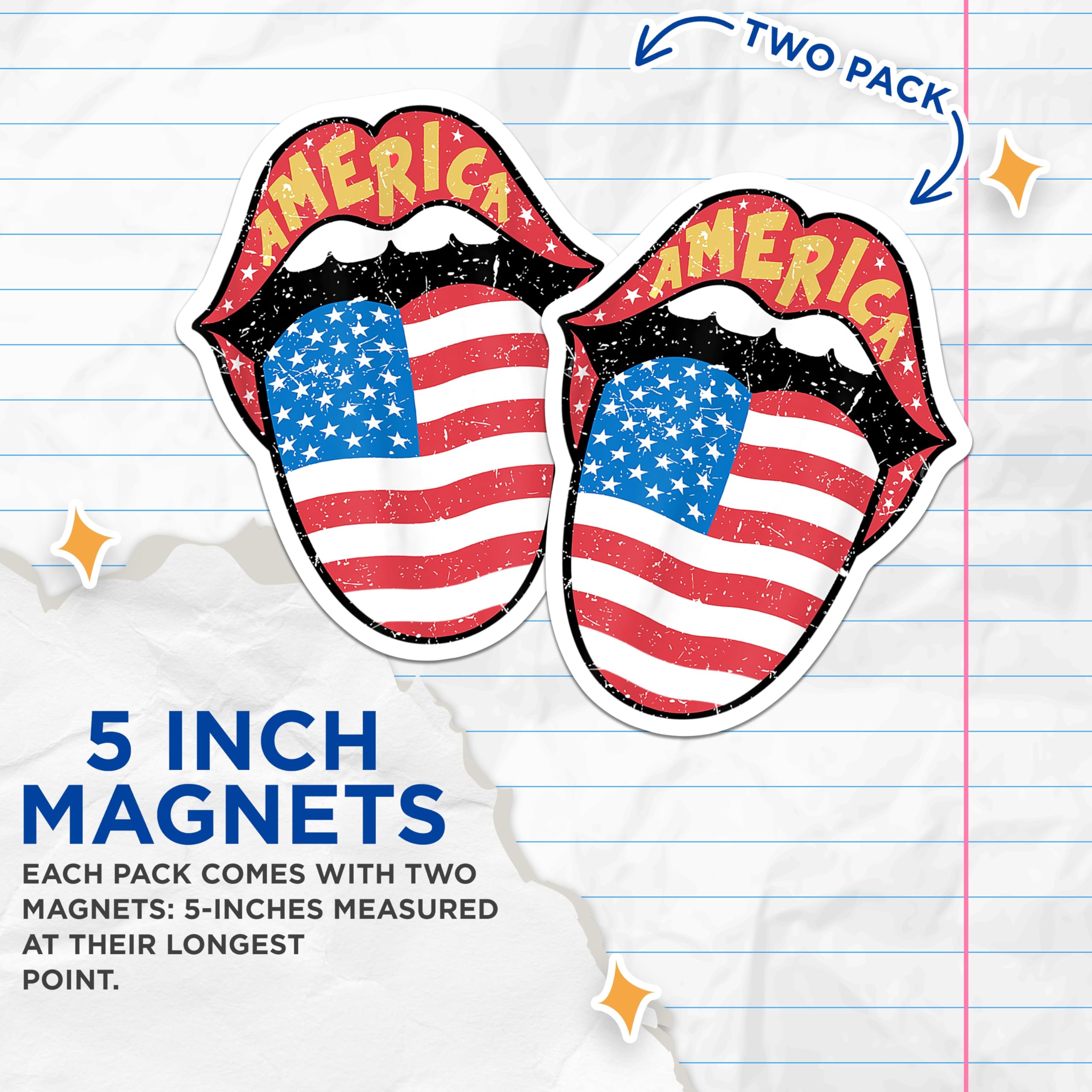 (2 Pack) Patriotic America Flag Magnets - Distressed Rock n Roll Lips - July 4th USA Decor - 5 Inches On Longest Side - Thick Durable Magnet - Made in USA - MAG25130