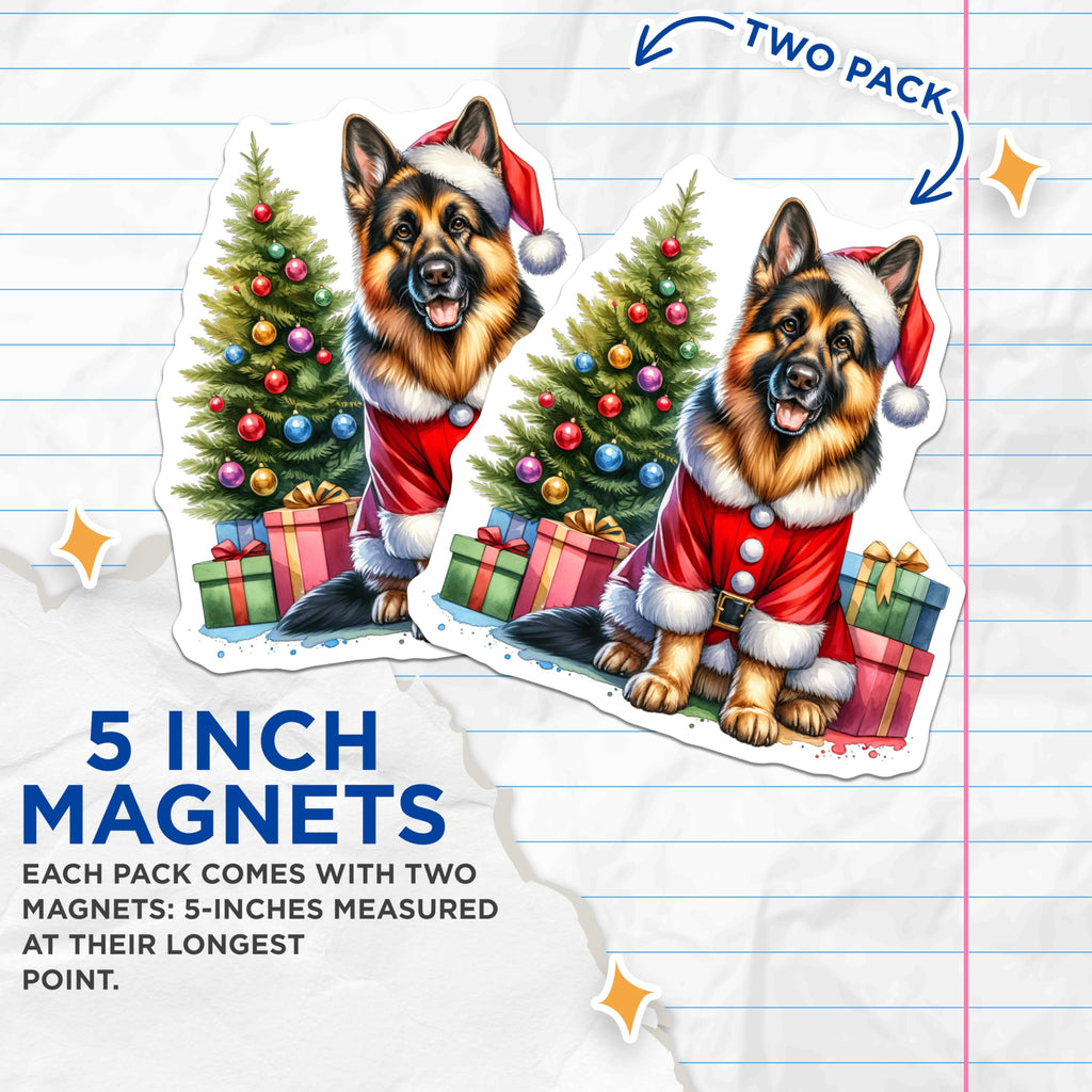 (2 Pack) German Shepherd Christmas Magnets - Santa Dog Holiday Decor - Pet Owner Stocking Stuffer - 5 Inches On Longest Side - Thick Durable Magnet - Made in USA - MAG29378