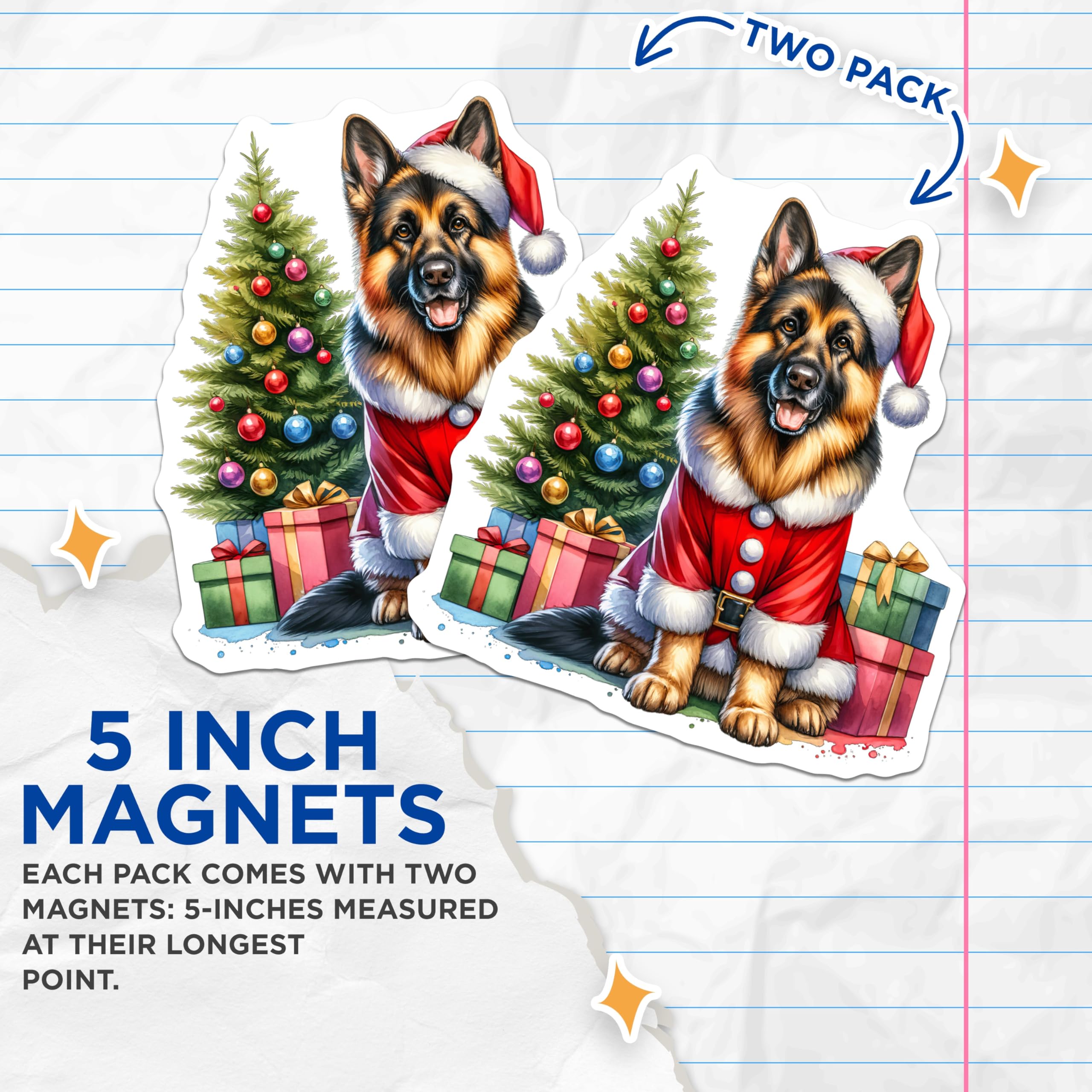 (2 Pack) German Shepherd Christmas Magnets - Santa Dog Holiday Decor - Pet Owner Stocking Stuffer - 5 Inches On Longest Side - Thick Durable Magnet - Made in USA - MAG29378