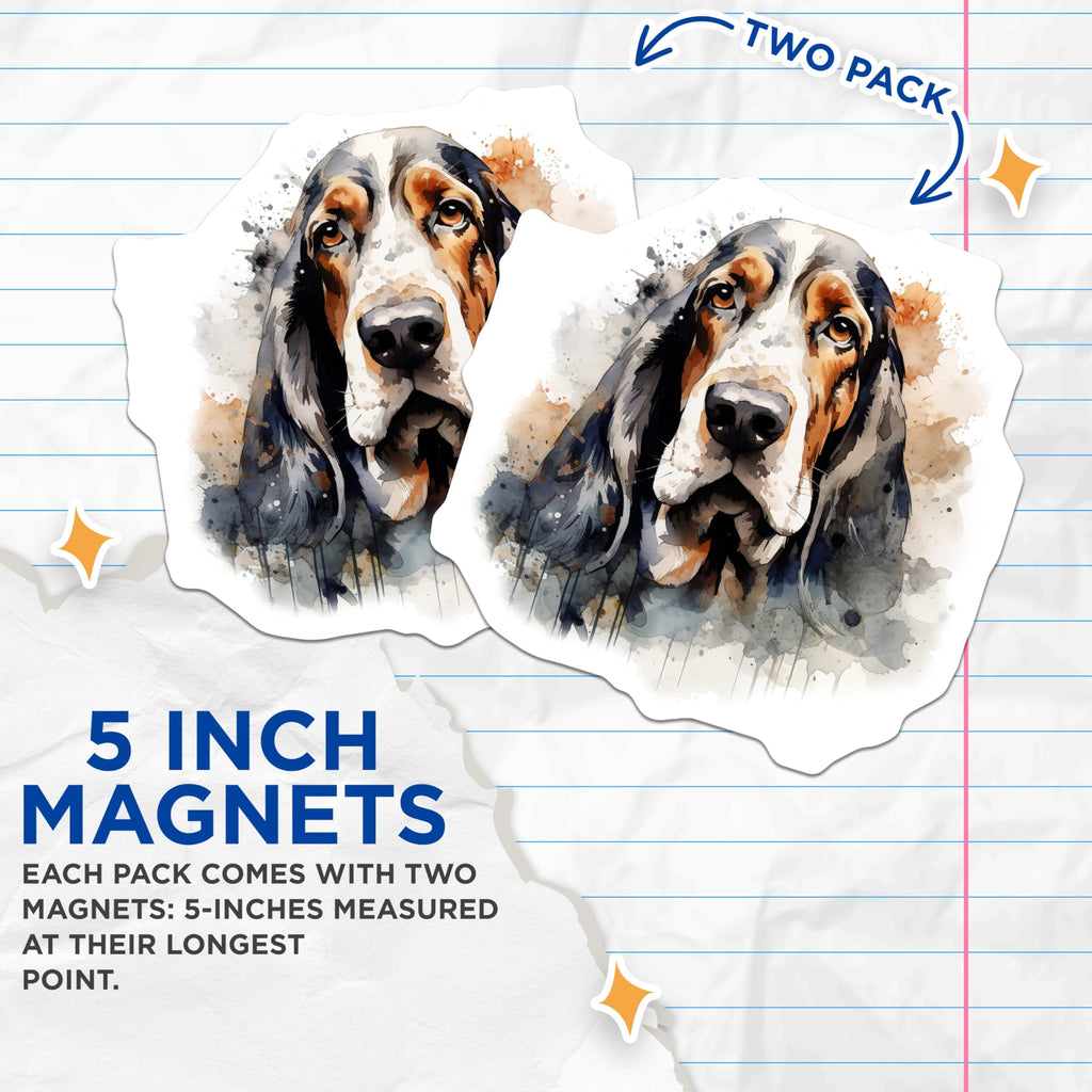 (2 Pack) Basset Hound Dog Magnets - Watercolor Pet Art - Dog Lover Fridge Decor - 5 Inches On Longest Side - Thick Durable Magnet - Made in USA - MAG27472