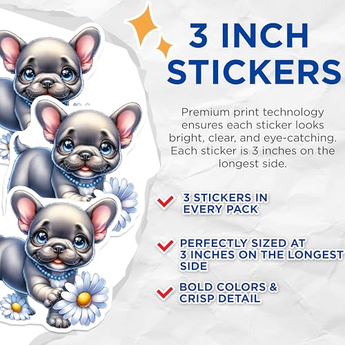 (3 Pack) French Bulldog Decals - Cute Puppy Stickers - Laptop Decal Set - 3 Inches On Longest Side - Easy Peel & Apply - Made in USA - 3MCS8333