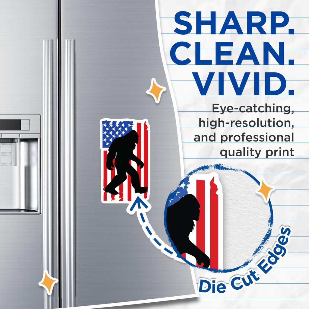 (2 Pack) Patriotic Bigfoot Sasquatch Magnets - Distressed American Flag Design - Cryptid Hunter Refrigerator Display - 5 Inches On Longest Side - Thick Durable Magnet - Made in USA - MAG21187