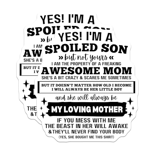 (2 Pack) Spoiled Son Awesome Mom Stickers - Property of Freaking Awesome Mom - Funny Son - 5" On Longest Side - Sticks to Smooth Flat Surfaces - Made in USA - BMCS6242
