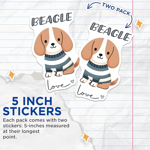 (2 Pack) Beagle Love Stickers - Cute Dog Sticker Pack - Adorable Puppy Decal for Notebooks Laptops Water Bottles - 5" On Longest Side - Sticks to Smooth Flat Surfaces - Made in USA - BMCS7292