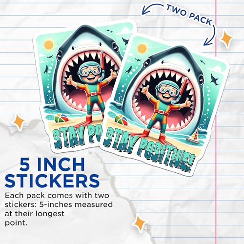 (2 Pack) Stay Positive Stickers - Motivational Shark Sticker - Inspirational Beach Theme - 5" On Longest Side - Sticks to Smooth Flat Surfaces - Made in USA - BMCS9683