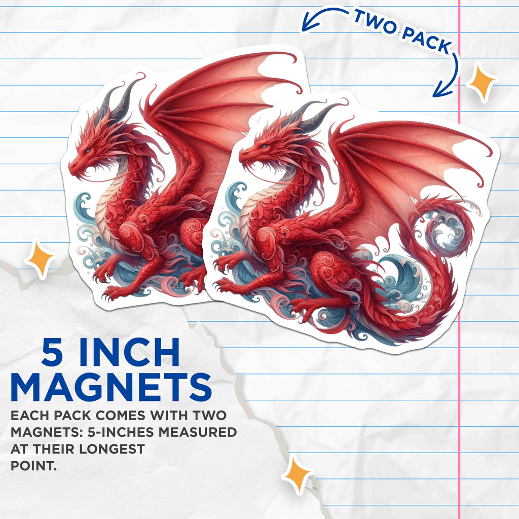 (2 Pack) Red Dragon Magnets - Fantasy Art Decor - Mythical Creature Accent for Dragon Lovers - 5 Inches On Longest Side - Thick Durable Magnet - Made in USA - MAG36139