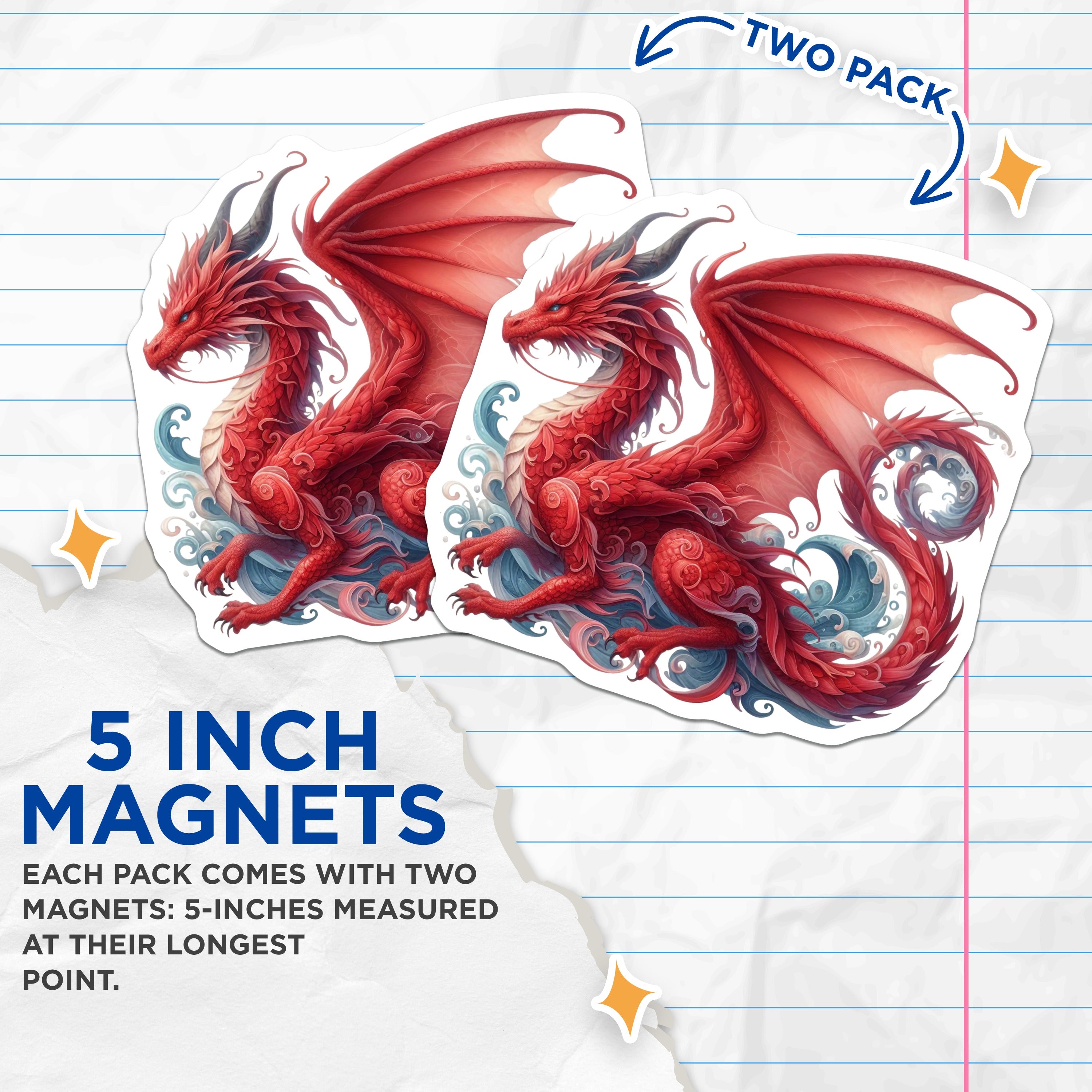(2 Pack) Red Dragon Magnets - Fantasy Art Decor - Mythical Creature Accent for Dragon Lovers - 5 Inches On Longest Side - Thick Durable Magnet - Made in USA - MAG36139