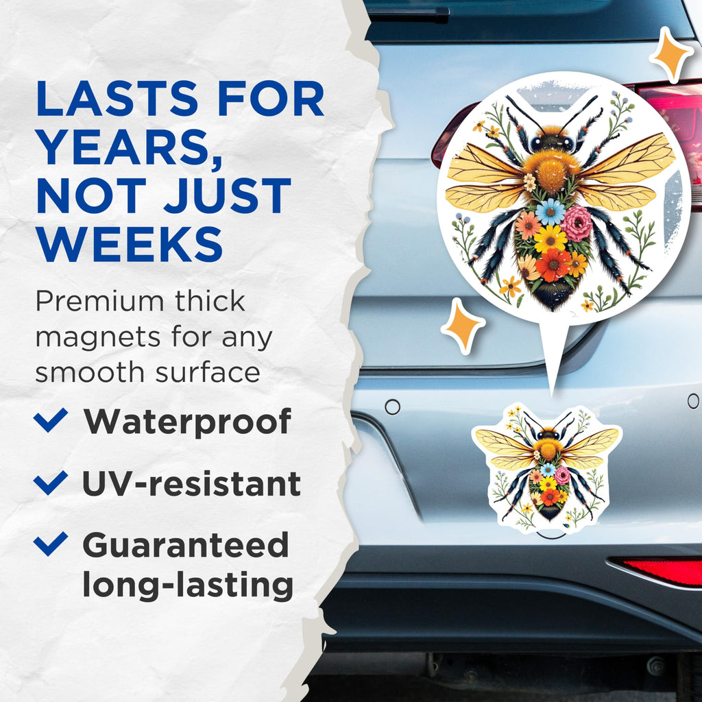 (2 Pack) Bee with Flowers Magnets - Floral Bee Decor - Nature Lover Refrigerator Magnets - 5" On Longest Side - Premium Magnet - for Cars, Refrigerators, Toolboxes, Lockers - Made in USA - MAG17125