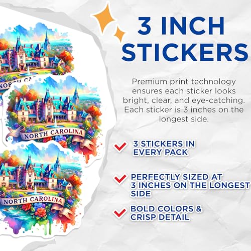 (3 Pack) North Carolina Decals - Asheville Travel Sticker - Watercolor Laptop Decal- 3 Inches On Longest Side - Easy Peel & Apply - Made in USA - 3MCS5749