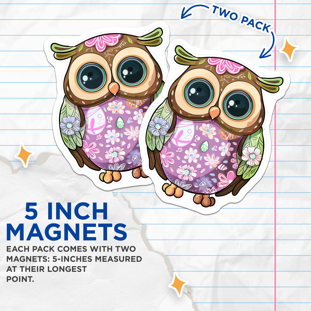 (2 Pack) Floral Owl Magnets - Cute Spring Refrigerator Decor - Whimsical Easter Accent - 5 Inches On Longest Side - Thick Durable Magnet - Made in USA - MAG37467