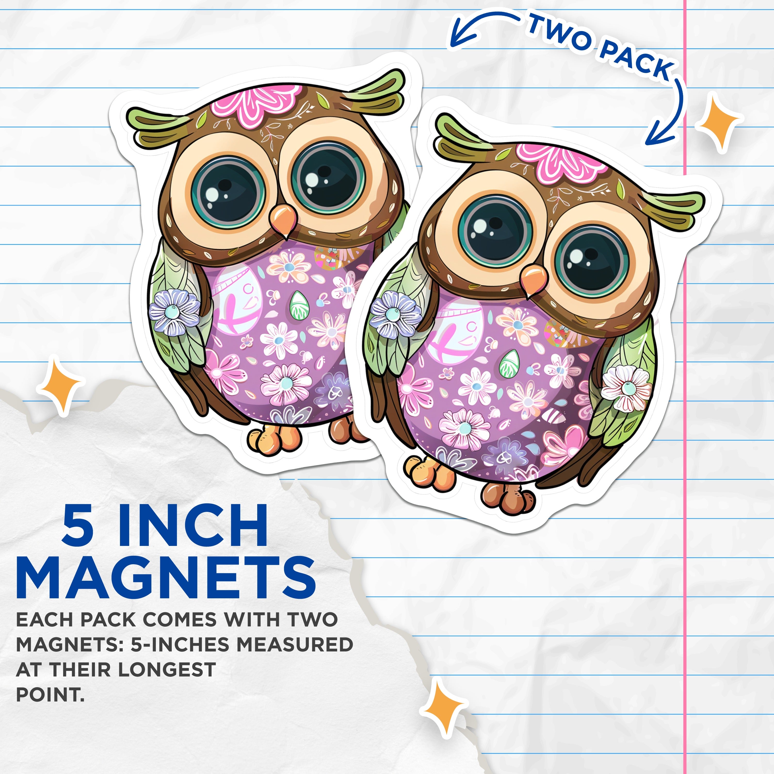 (2 Pack) Floral Owl Magnets - Cute Spring Refrigerator Decor - Whimsical Easter Accent - 5 Inches On Longest Side - Thick Durable Magnet - Made in USA - MAG37467