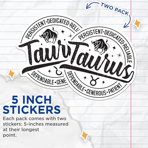 (2 Pack) Taurus Zodiac Stickers - Persistent Reliable Patient Stickers - Astrological Sign Stickers - 5" On Longest Side - Sticks to Smooth Flat Surfaces - Made in USA - BMCS5338