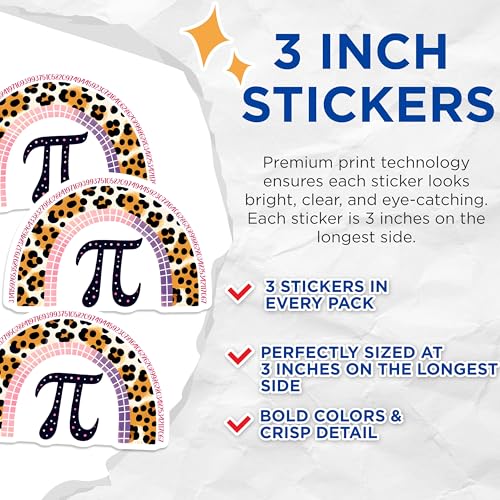 (3 Pack) Pi Symbol Decals - Leopard Rainbow - Math Lover Sticker - 3 Inches On Longest Side - Easy Peel & Apply - Made in USA - 3MCS6929