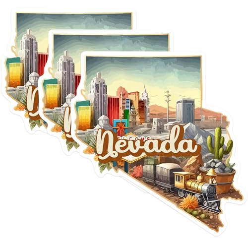 (3 Pack) Nevada State Decals - City Skyline - Train - Cactus Desert Art - 3 Inches On Longest Side - Easy Peel & Apply - Made in USA - 3MCS0153