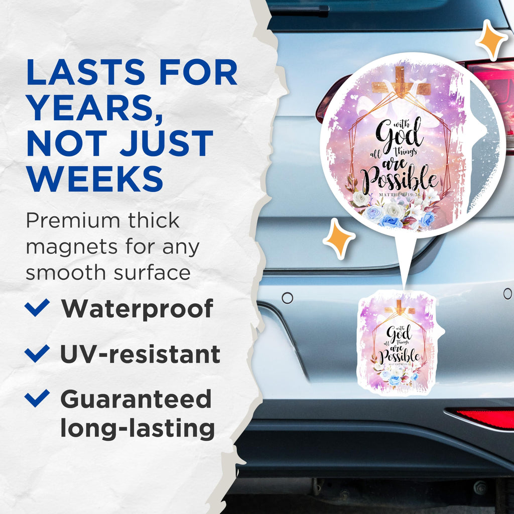 (2 Pack) Inspirational Faith Magnets - Matthew 19:26 Bible Verse Magnets - with God All Things Possible Christian Decor - 5 Inches On Longest Side - Thick Durable Magnet - Made in USA - MAG19659