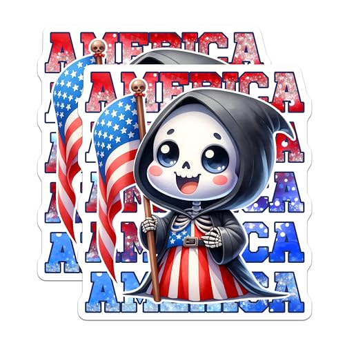(2 Pack) Grim Reaper Patriotic Magnets - Cute Skeleton - American Flag Art - Memorial Day Decor - 5" On Longest Side - for Cars, Fridges, Toolboxes - Made in USA - MAG7910