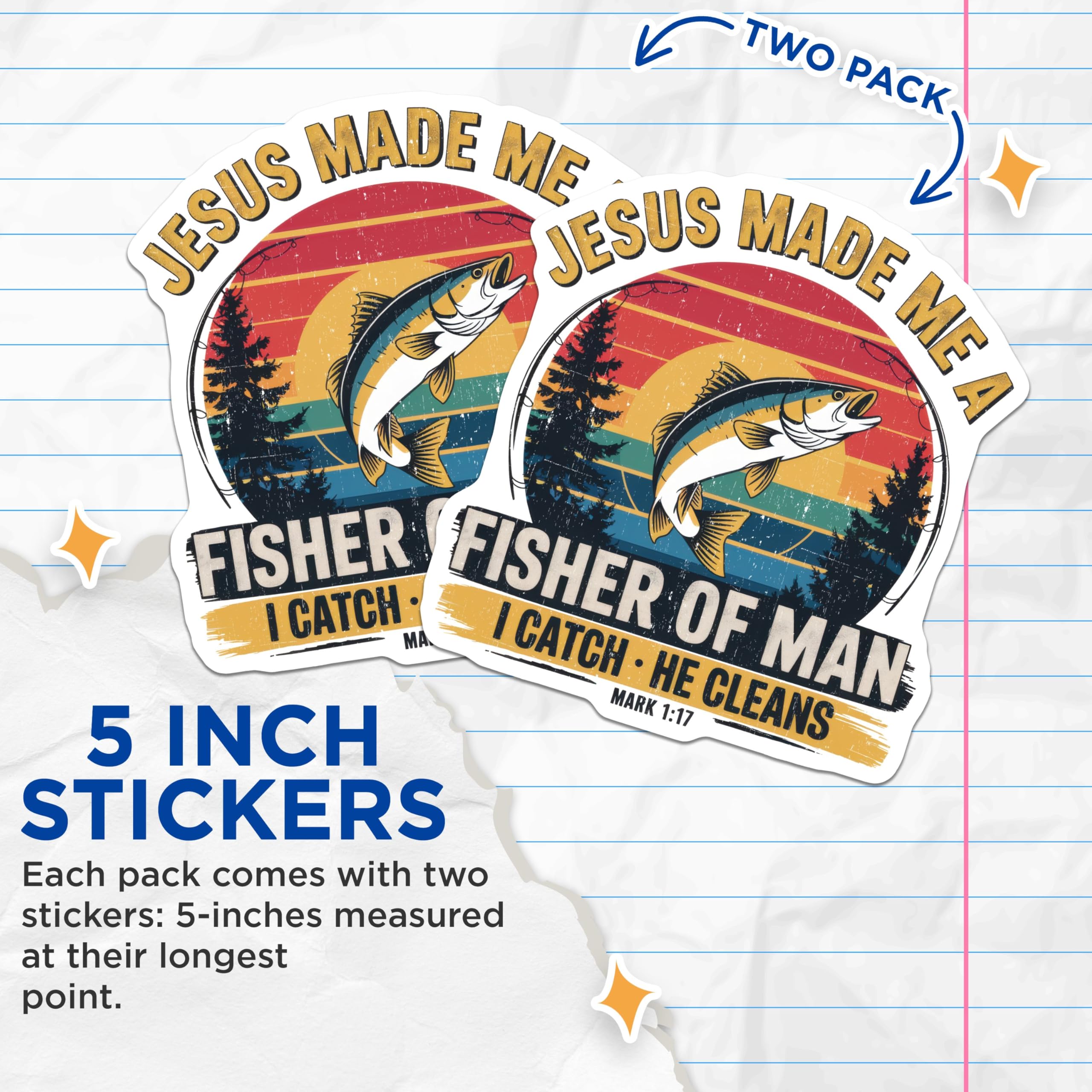 (2 Pack) Jesus Made Me A Fisher of Men Stickers - Christian Faith Stickers - Fishing Enthusiast Stickers - 5" On Longest Side - Sticks to Smooth Flat Surfaces - Made in USA - BMCS4762