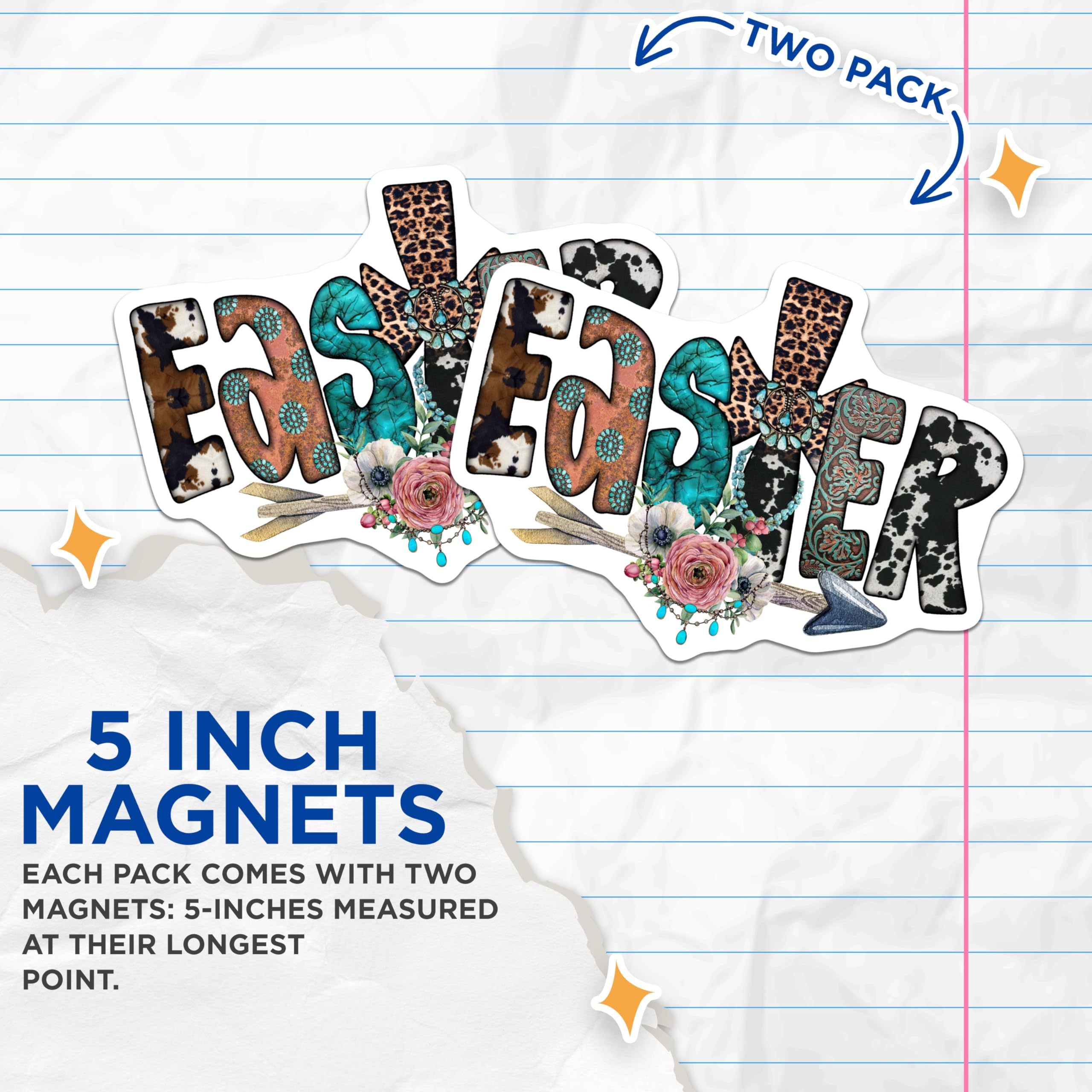 (2 Pack) Western Boho Easter Magnets - Cowhide Leopard Turquoise - Farmhouse Spring Decor Cross - 5 Inches On Longest Side - Thick Durable Magnet - Made in USA - MAG28519