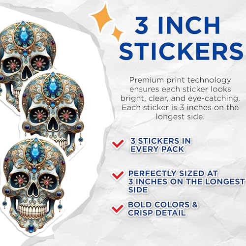 (3 Pack) Jeweled Skull Decals - Ornate Sugar Skull - Gothic Laptop Decal - 3 Inches On Longest Side - Easy Peel & Apply - Made in USA - 3MCS7366